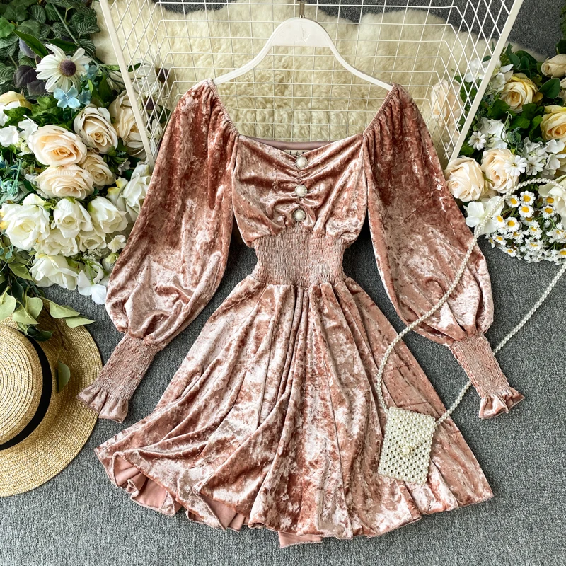 Women Retro Square Collar Elastic Waist Slim Long Puff Sleeve Chic Velvet A-line Dress Autumn Winter Elegant Vestidos K055