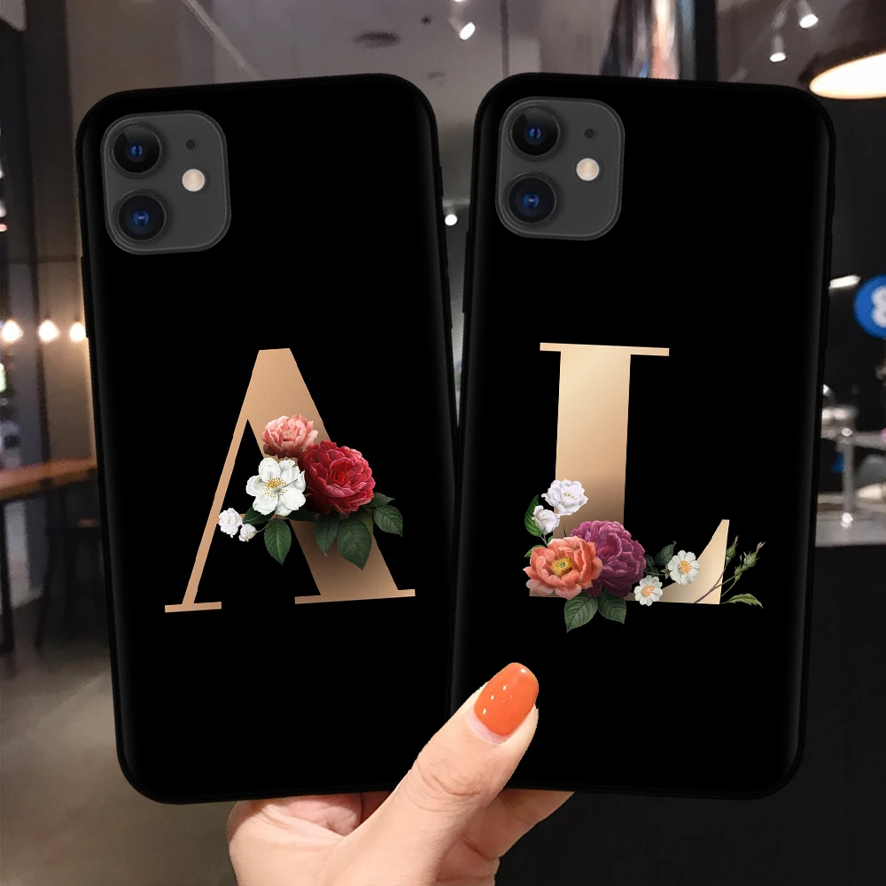 Custom name Letter Monogram Black Matte Phone Case For iphone 11 Pro Max 2019 X 6 6s 7 7Plus 8 plus XS XR Flowers Cover | Мобильные