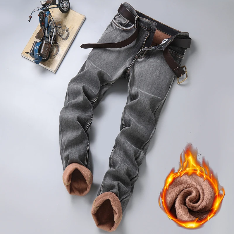 Winter Men s Warm Thick Gray Jeans Business Fashion Regular Fit Denim Trousers Fleece Stretch Pants