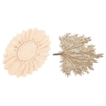 

NEW-1Pcs 7X5cm Wooden Applique Wood Carved Decal Oval Solar Gate Flower & 6Ps Table Mat Dining Table PVC Leaf Hollow Mat