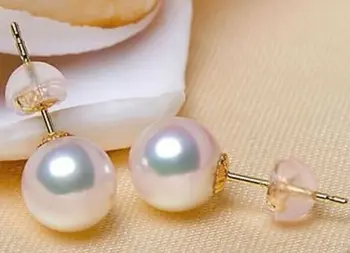 

free shipping charming pair of round 9-10mm akoya white pearl earring 18k