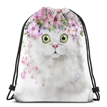 

Fashion Watercolor Cat With Flower Wreath Bag Fitness Drawstring Beam Mouth Backpack Sports Bag Travel Backpack for Teenage