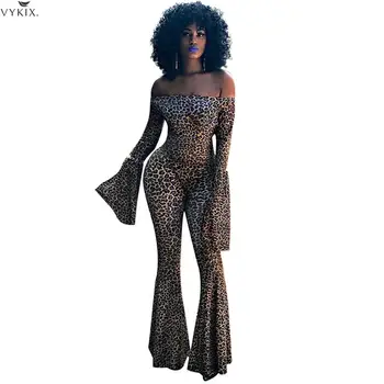 

Femme Jumpsuit Wide Leg Full Ruffles Sleeve Slash Neck Street Sexy Night Club Romper Leopard Print Womens Clothing