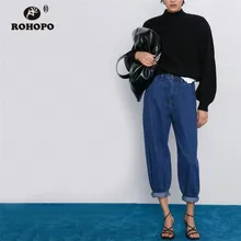 ROHOPO женские джинсы из денима с задними карманами из хлопчатобумажной джинсовой ткани осенние синие джинсовые шаровары брюки