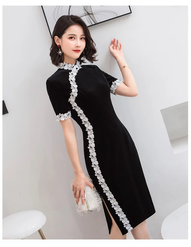 Sheng Coco, женское бархатное платье Cheongsam из плюша, кружевные вечерние платья, современный стиль, китайское свадебное короткое платье, винтажное платье, 3XL 4XL