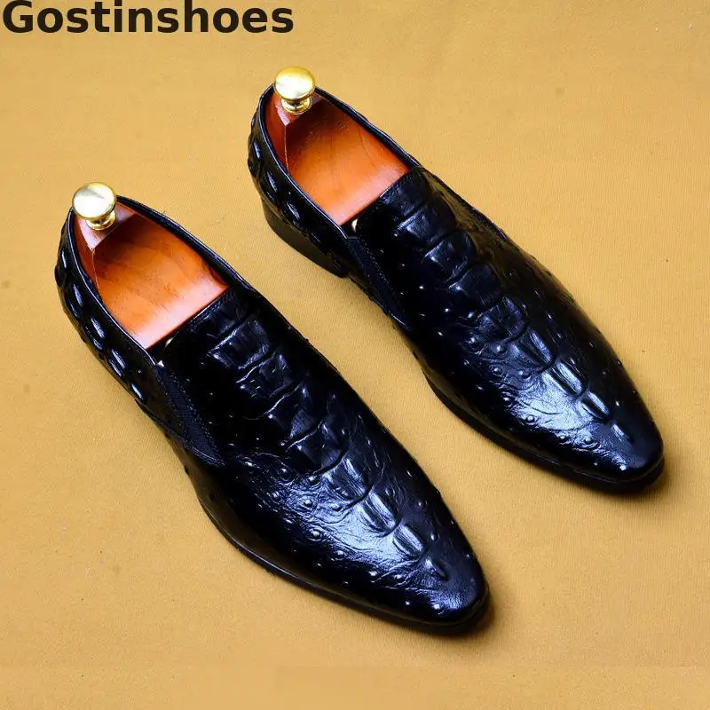 Men Shoes Oxfords Black Brown Genuine Leather Crocodile Printed Slip-on Dress Leather Shoes Formal Business Office Wedding Shoes - Цвет: Black