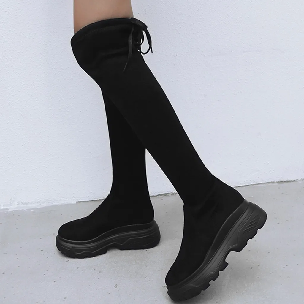 

Over The Knee Boots Women Winter Warm Over Kneeth Stretch Lace Up Platforms Round Toe Sexy Thigh High Boots Long Bota Feminina