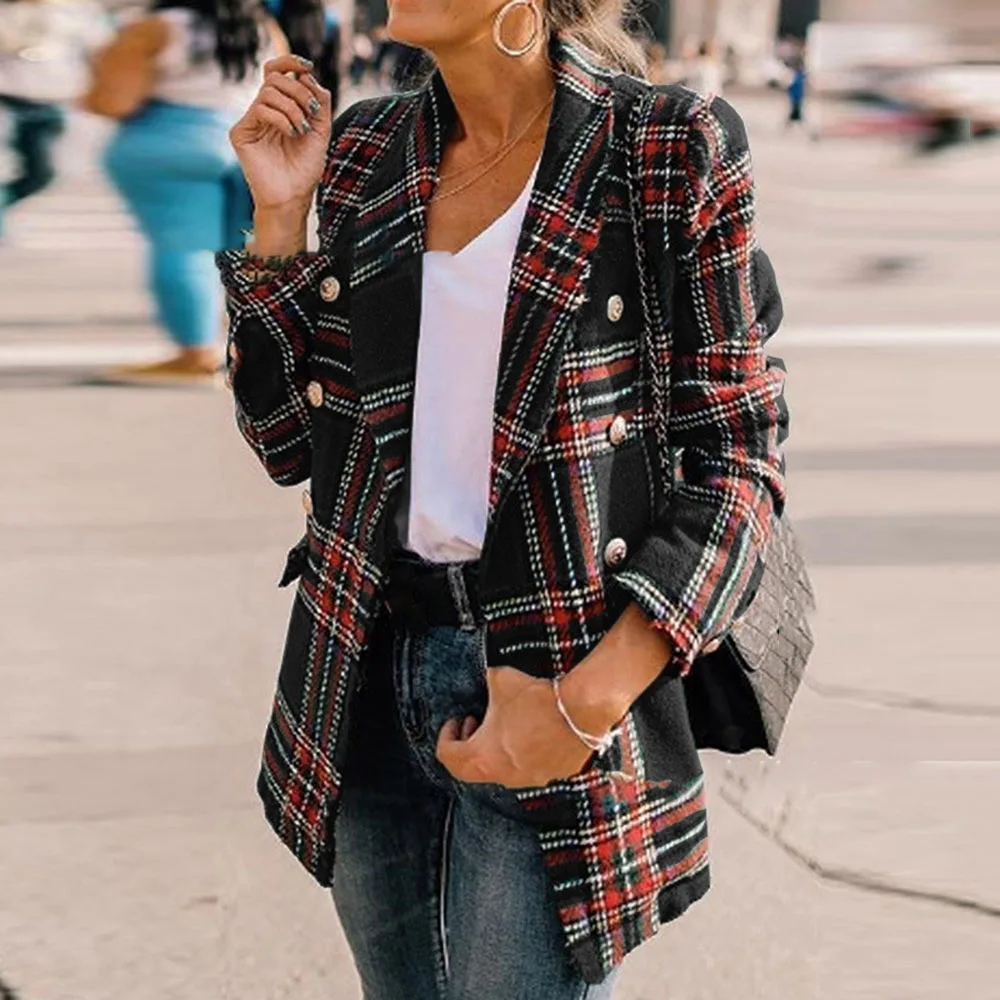

Women Vintage Plaid Jacket Office Work Casual Plus Size Coat Spring 2020 Korean Jackets Coats Chic Black Red Retro Overcoat 2XL