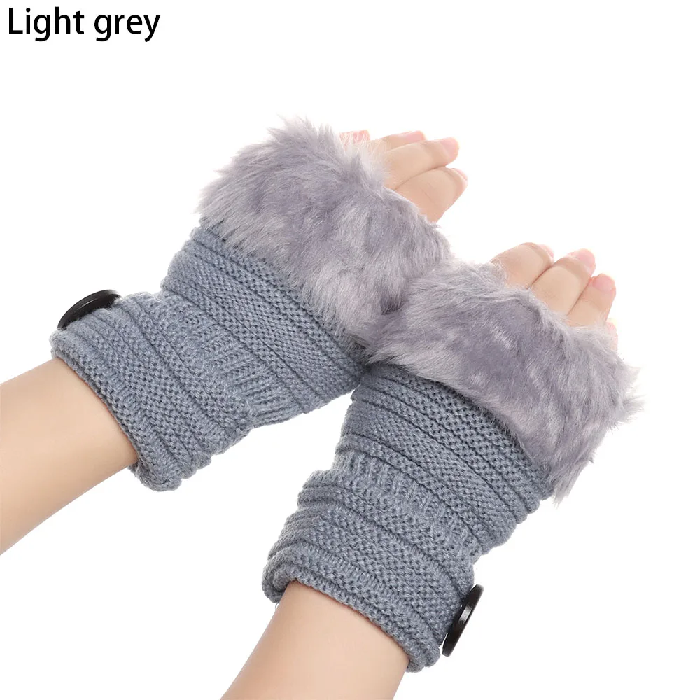 3-light grey Зимние осенние теплые модные наручные перчатки для девочек из искусственного кроличьего меха, вязаные женские вязаные варежки без пальцев, перчатки с открытыми пальцами - Цвет: 3-light grey