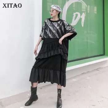 

XITAO Sequin Tassel Ruffle Dress Fashion Patchwork Pleated Patchwork Plus Size Goddess Fan Minority Casual Loose Dress DMY3467