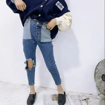 

2020 new wholesale girls denim holes pants fashion patchwork spring girls jean pants 4-10t C773