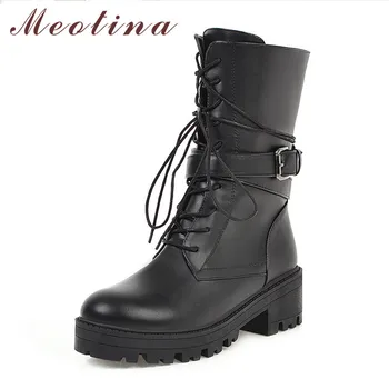 

Meotina Winter Motorcycle Boots Women Buckle Square Heels Mid Calf Boots Zipper Round Toe Shoes Ladies Autumn Large Size 34-46