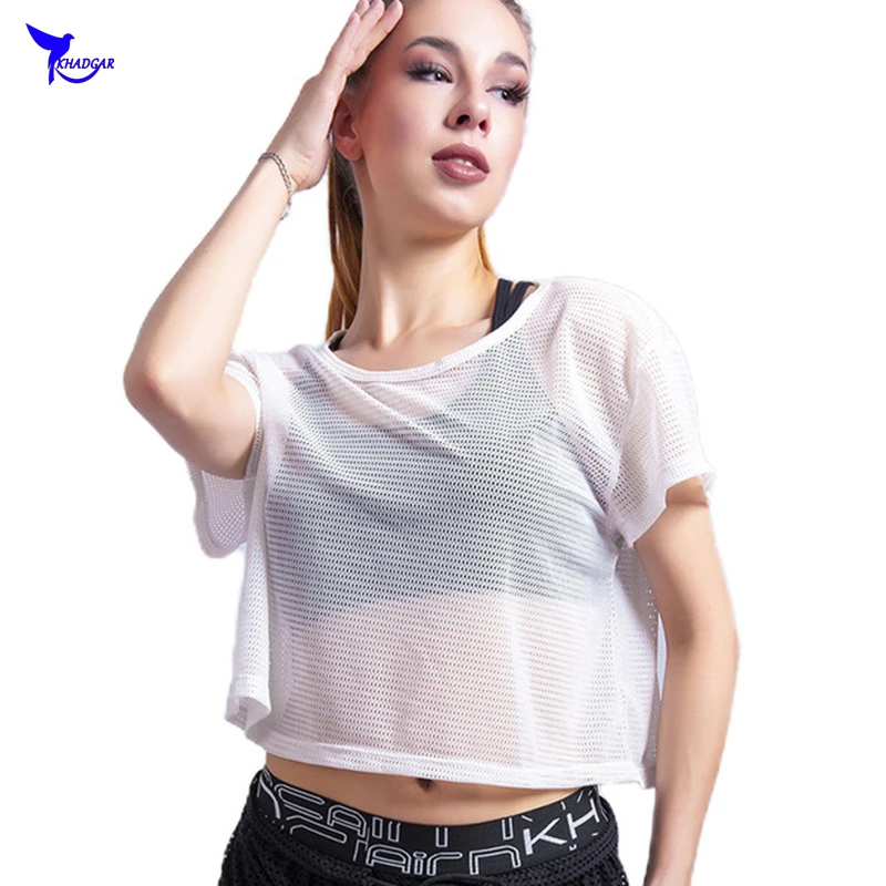 

Transparent Fish Net Short Sleeve Yoga Shirt Women Sports Gym Fitness Quick Dry Mesh Running Shirt Nylon Athletic Loose Top Tees