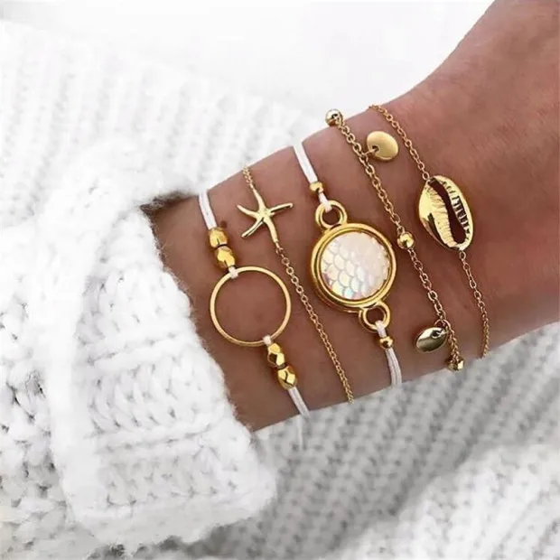 

Fashion Gold Color Starfish Shell Charm Bracelet for Women Sequins Bead Rope Chain Bracelet Wave Jewelry