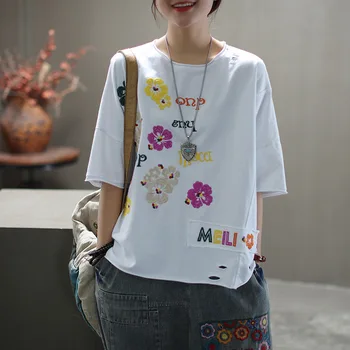 

2020 Summer Loose Drop Shoulder Sleeve Cotton T Shirt Art Embroidery O neck Hole Women's Top And Pullovers Female Solid Color Z2