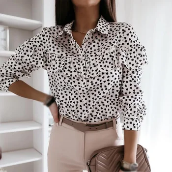 

Autumn Ruffles Patchwork Polka Dot Women's Shirt Turn-Down Collar Single Breasted Female Shirts All-Match Elegant Lady Clothes
