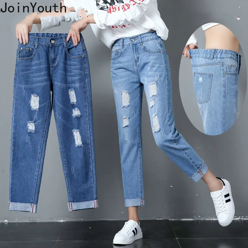 

JoinYouth Holes Solid Highh Waist Jeans Elastic Plus Size Ankle-length Jeans Woman Pockets Korean Pecil Fashion Trousers J025