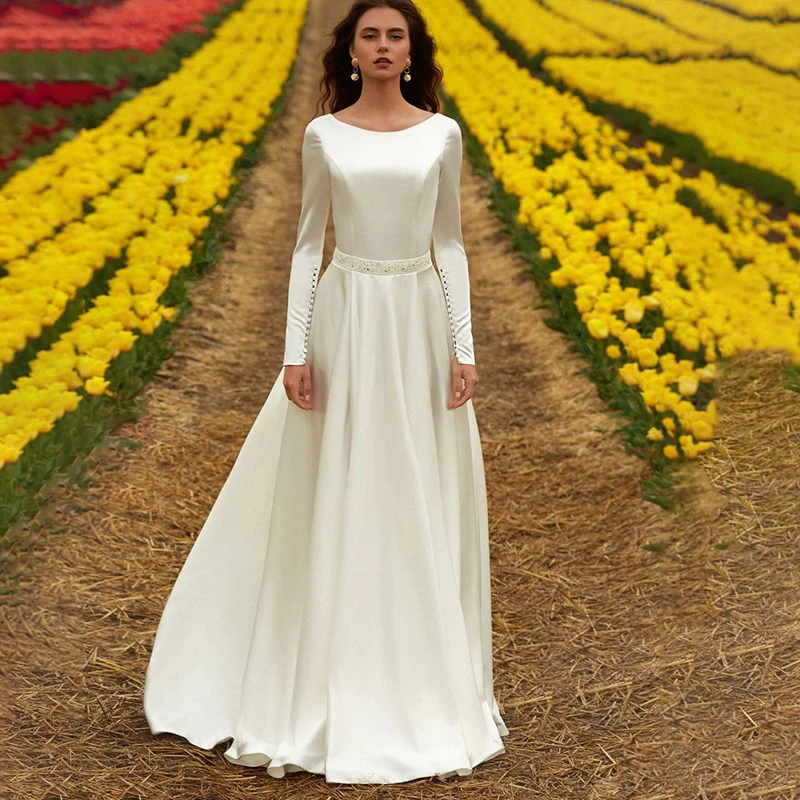 Elegant A Line Long Sleeve Wedding Gowns Beading Boat Neck 2022 Big Size V Back Zipper Simple Beach White Bridal Dress Hochzei lace wedding dress