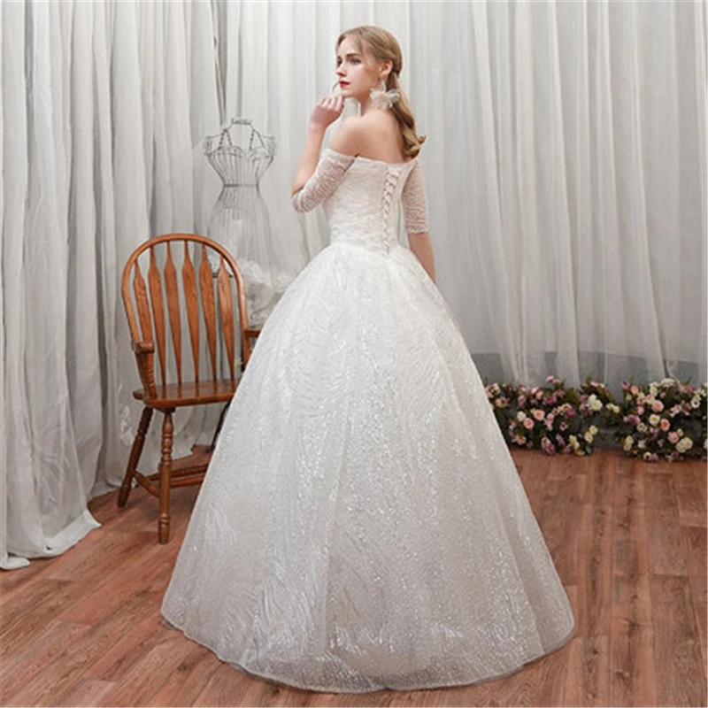 Новое поступление роскошное кружевное свадебное платье с блестками Vestidos De Novia, свадебное платье с вырезом лодочкой, платье принцессы в стиле ретро с открытыми плечами, рукав до локтя, 7