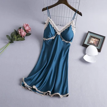 

Women's Sexy Lingerie Silk Nightgown Summer Dress Lace Night Dress Sleepwear Babydoll Nightie Satin Homewear Chest Pad Nightwear