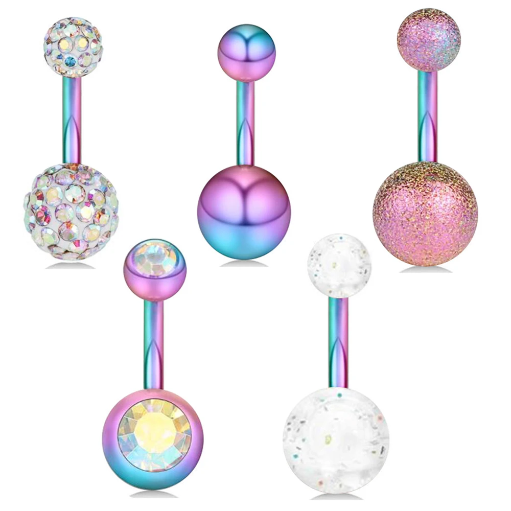 JUNLOWPY 14G Belly Button Piercing Nombril Kit Screw Bars Rainbow Navel