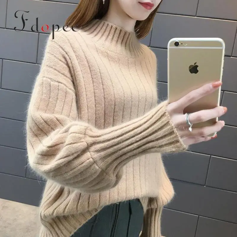 2019 Womens Sweaters Lantern Sleeve Lazy Wind Half High Neck Solid Color Knitted Bottom Casual Comfort Winter Oversized Sweater | Женская