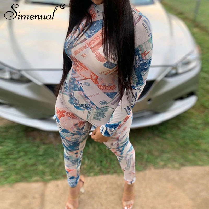 

Simenual Printed Fitness Sporty Workout Jumpsuits Long Sleeve Women Casual Active Wear Spring Fashion One Piece Overalls Bodycon