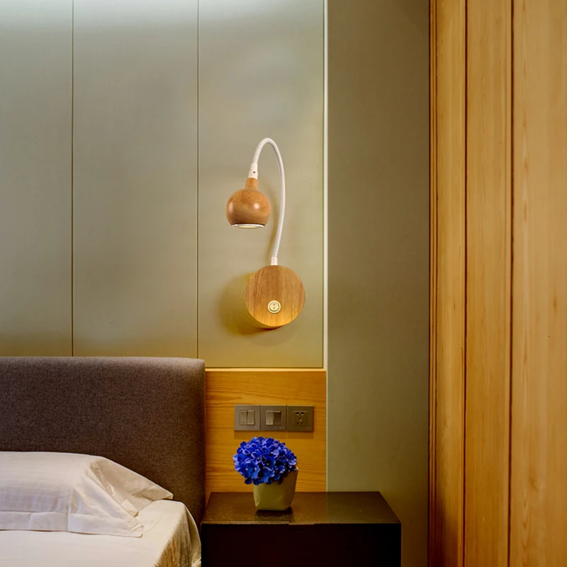 

Wooden LED Wall Lamp with Knob Switch Bedroom Bedside Reading Light Direction Adjustable Indoor Lighting White