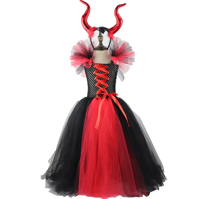 Детское платье-пачка для девочек, черный, красный цвета, Maleficent, костюм на Хэллоуин, браслеты в стиле косплей, вечерние платья принцессы с роговыми крыльями для девочек, XX0