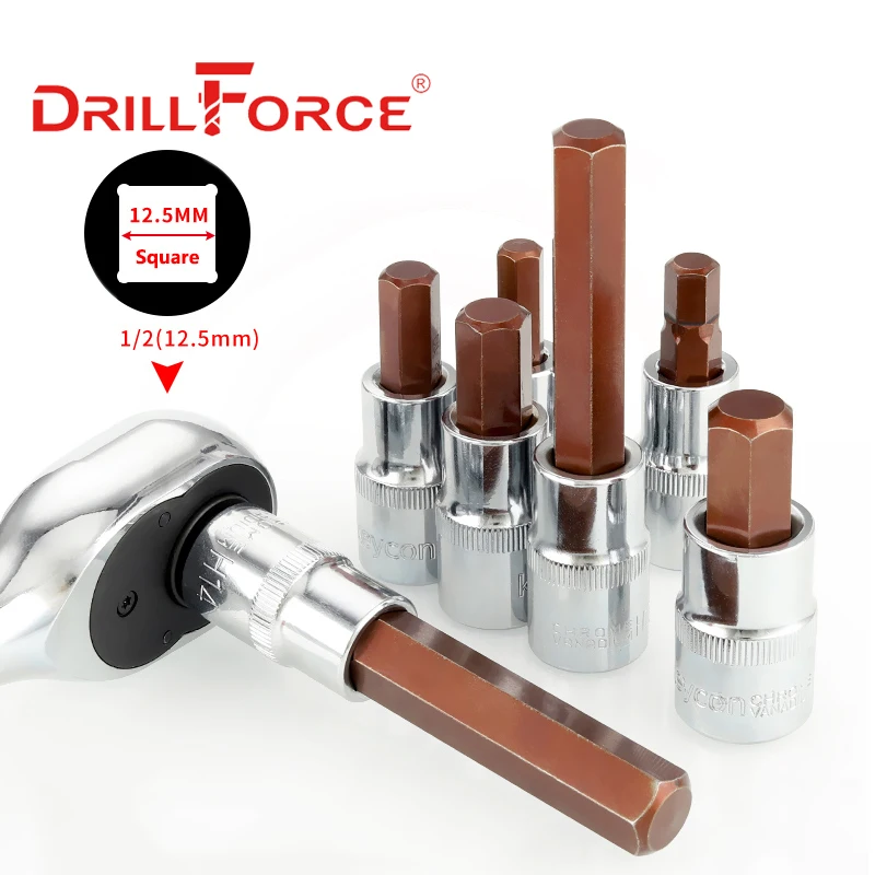 Drillforce 1/2" Drive Hexagon Socket Bit S2 Adapter Allen Key Wrench Home Repair Tools H4/H5/H6/H7/H8/H9/H10/H12/H14/H17/H19 6