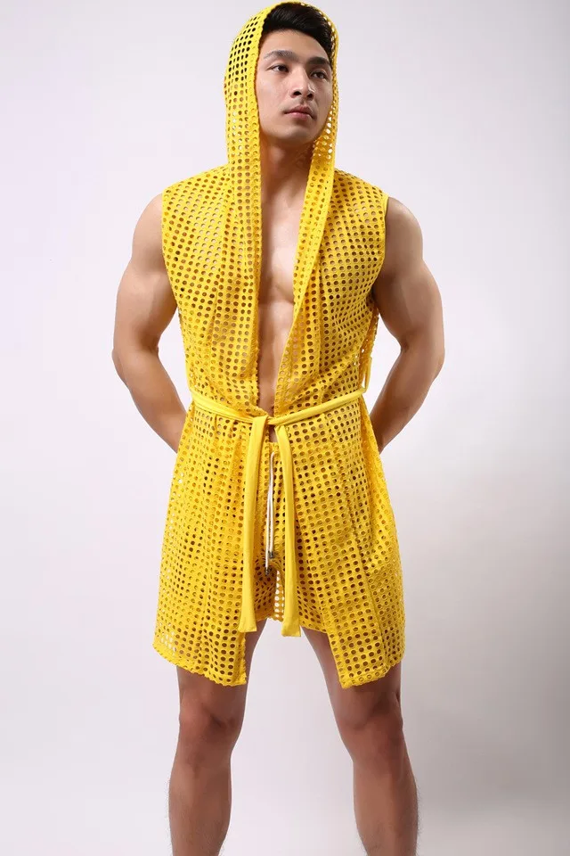 Men Mesh Robes Brand Sexy Men Bathrobe Sleepwear Short Sleeve Bath Robe Sleep Lounge(No Boxers) men's cotton pajama pants with pockets