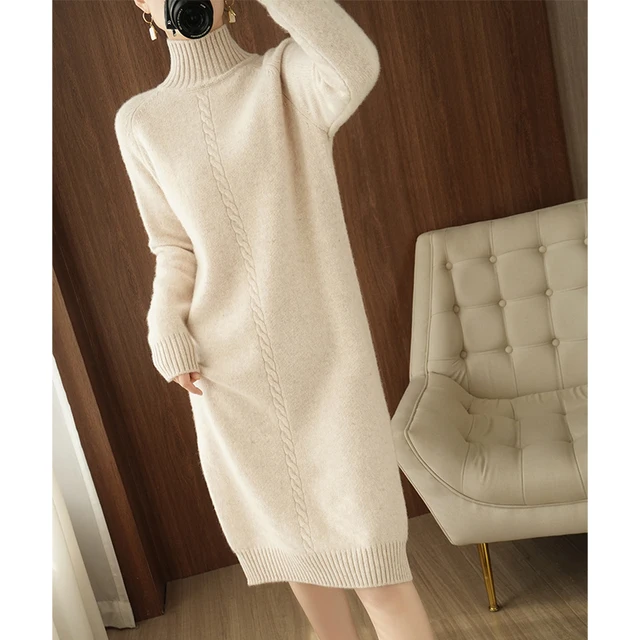 2020Thick Dress Warm 100%Wool Long Sweater Women Autumn Winter High-Neck Over-The-Knee Cashmere Knit Dress Large Size Base Shirt 2