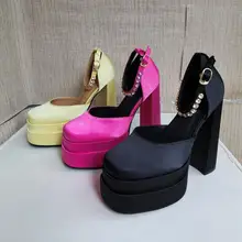Sandales à talons hauts épais pour femmes, escarpins de 15CM, en cuir véritable, chaussures à plateforme, noir, rouge, Rose, grande taille 43, nouvelle collection 2021