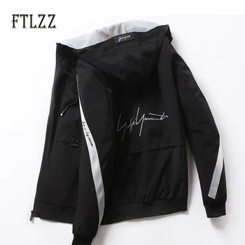 

Fashion men short jacket new 2019 spring autumn casual hooded zipper letter printed coats man street black outerwear
