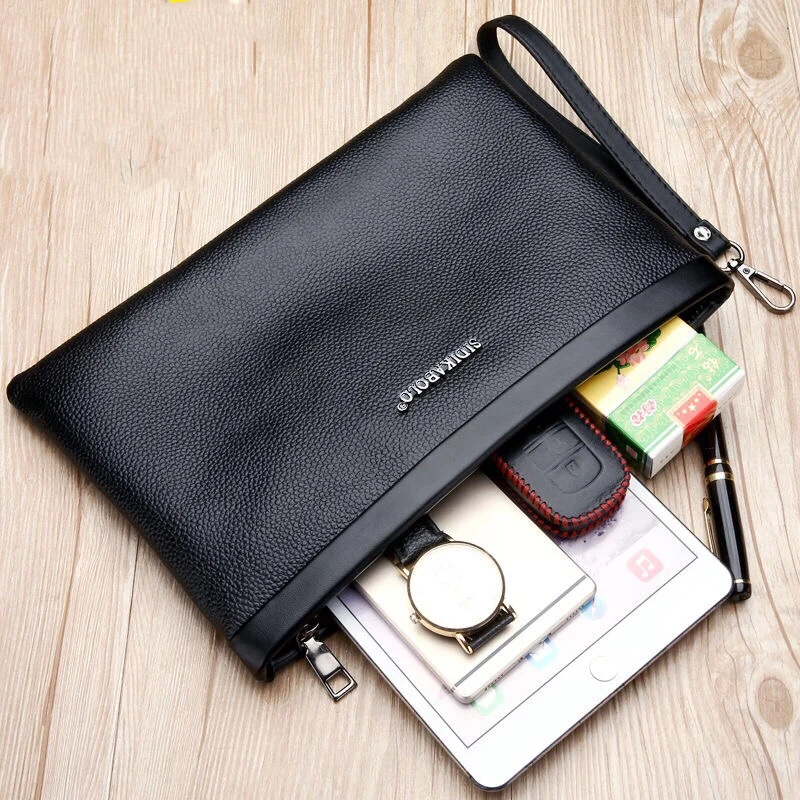 New simple men's handbag soft leather clutch bag men's casual wallet large capacity high quality - Color: Black big Size
