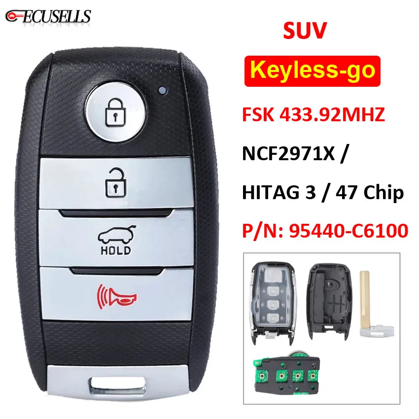 Keyless-Go 4 Button Remote Key (SUV) FSK 433.92MHz NCF2971X / HITAG 3 47 Chip HY15 for Kia Sorento 2019 2020 P/N: 95440-C6100 | Автомобили