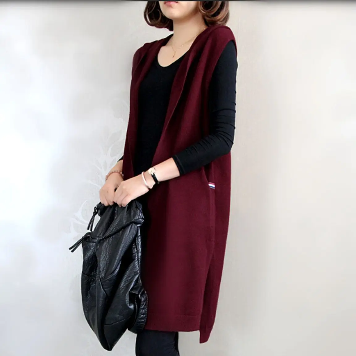 

Cardigans Promotion Casual Pockets Hooded Vest New Female Leisure Knitted Wool Cardigan Coat Color Vest