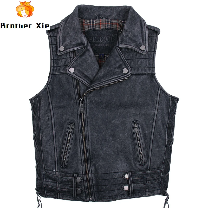 

Mens Vintage Genuine Leather Vest Pleated Button Motorcycle Biker Slim Real Cowhide Leather Vests for Male R2946