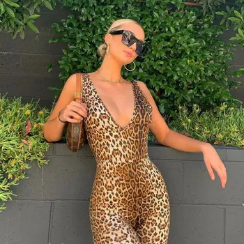

Summer Sexy Women's Playsui Leopard O-neck Skinny Bodycon Slim Sleeveless Rompers One Piece Suits
