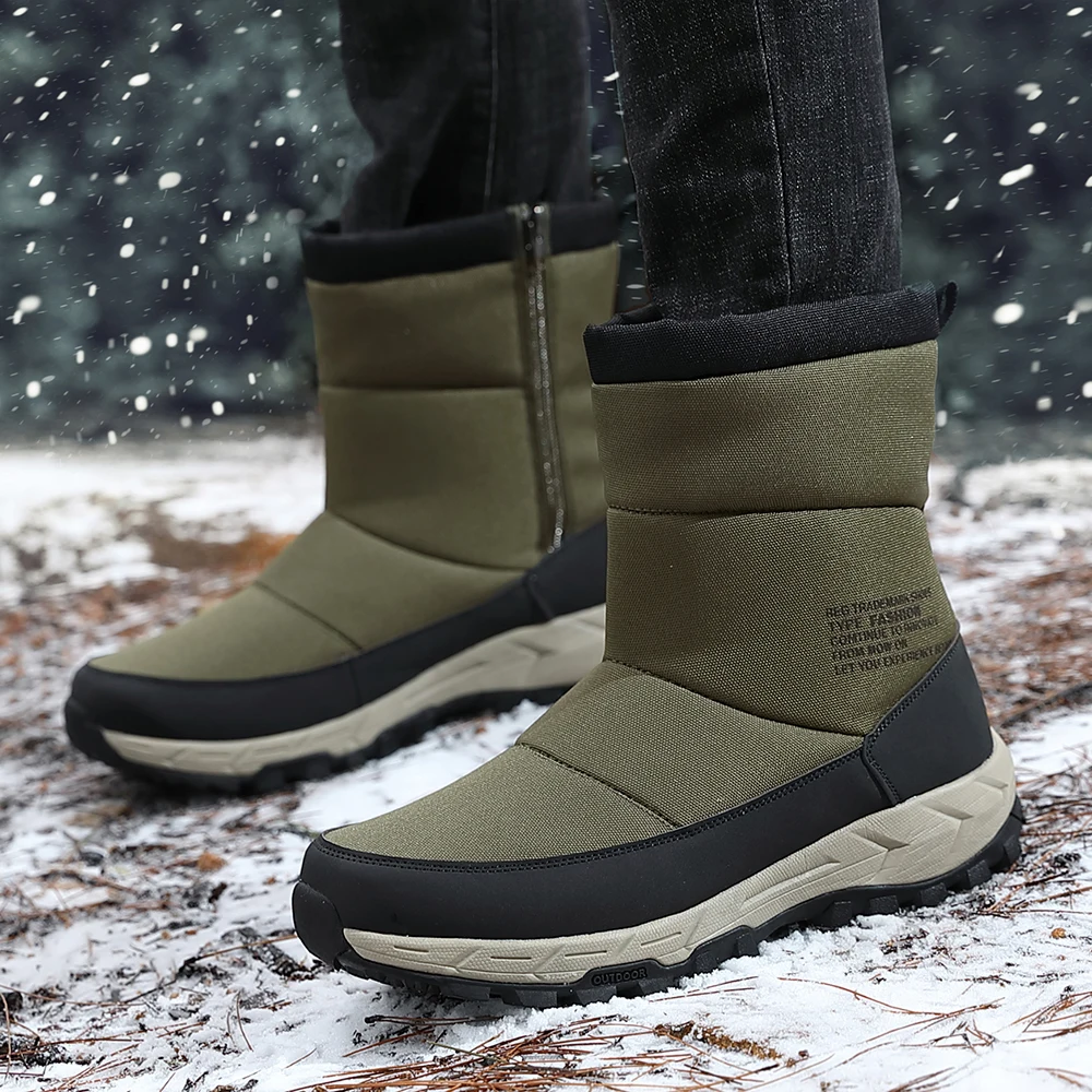

Slip-on sneakers Zipper Male Flats uality Ankle Boots Warm Fur Plush High-TOP Snow Boots Winter waterproof Work Shoes Size 39-45