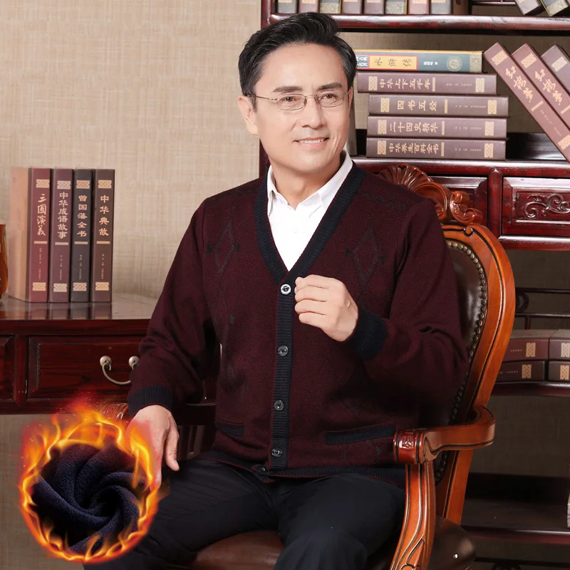 

Winter Middle-aged MEN'S Knitwear Thick Warm Cardigan plus Velvet Sweater Loose Casual Daddy Clothes