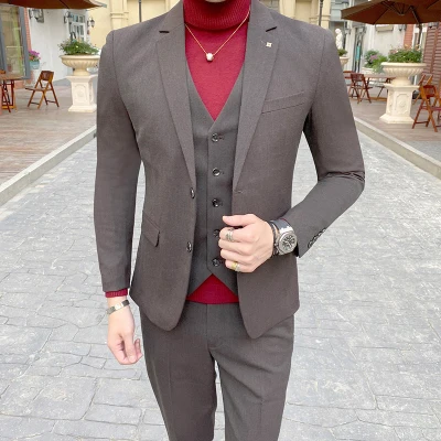 new suit men's suit business professional wear British style Korean trend groom groomsman small suit dress - Цвет: Коричневый
