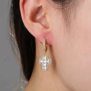 

Iced Out Baguette Zircon Cross Drop Dangle Huggie Hinged Stud Earring Hip Hop Rock Jewelry For Men Women