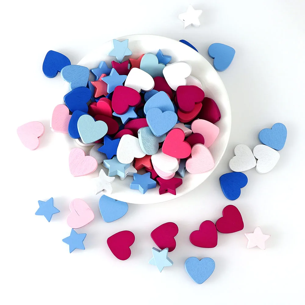 

25pcs Environmental protection Star Heart Mixed Color Wooden Spacer Beads For Pacifier Clips making DIY Wooden Beads in beads
