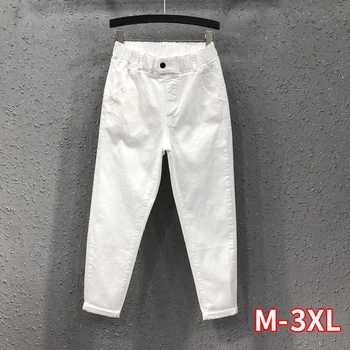 

Spring Summer Women Ankle-length Pants Plus Size Solid Cotton Denim Loose Harem Pants White Black Elastic Waist Jeans M-3XL