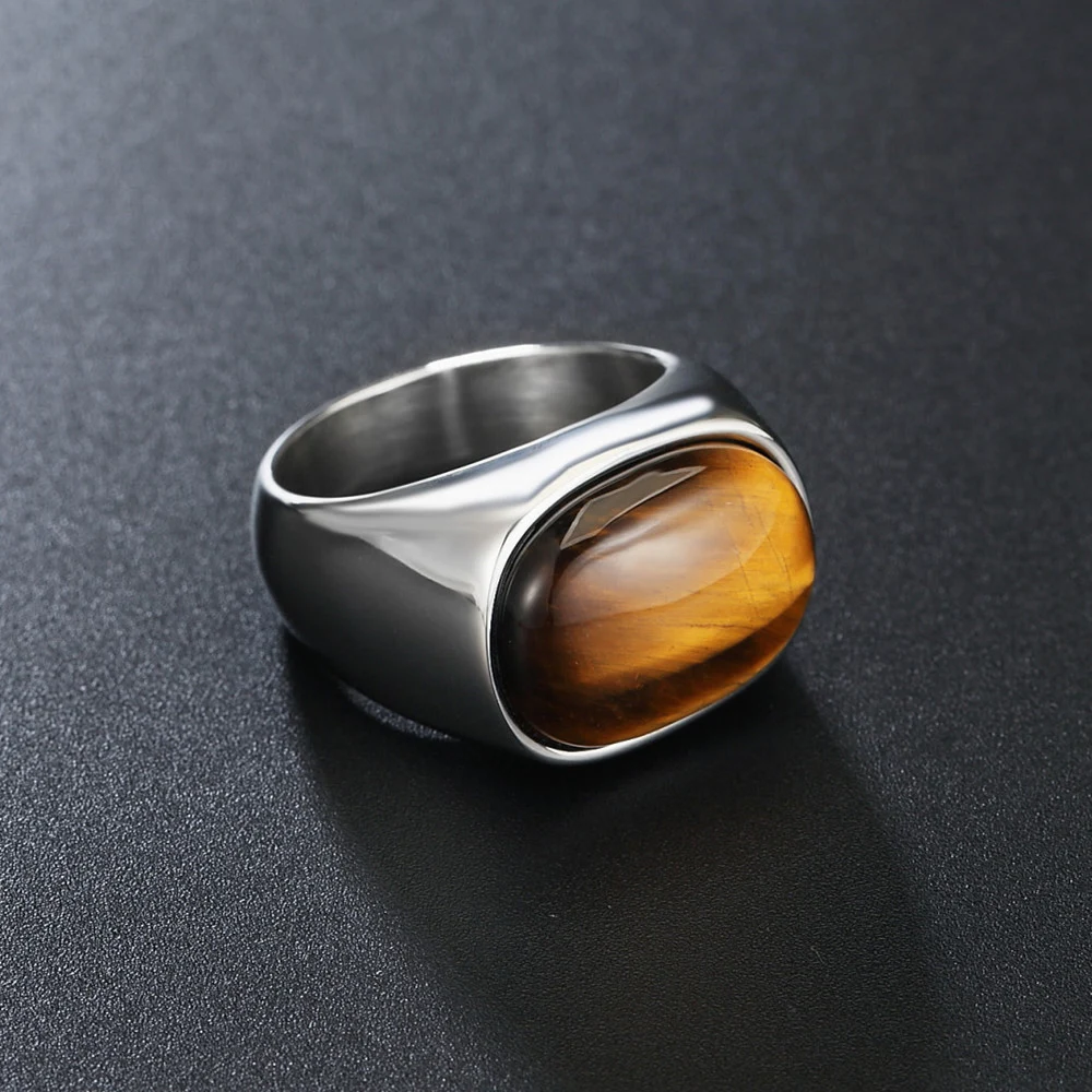 Gold Color Rings Stainless Steel Ring Finger Ring Gold Color Ring Gold/steel Color Retro Tiger Eye Brown Stones Rings For Men Women Classic Elegant Simple Jewelry Gift