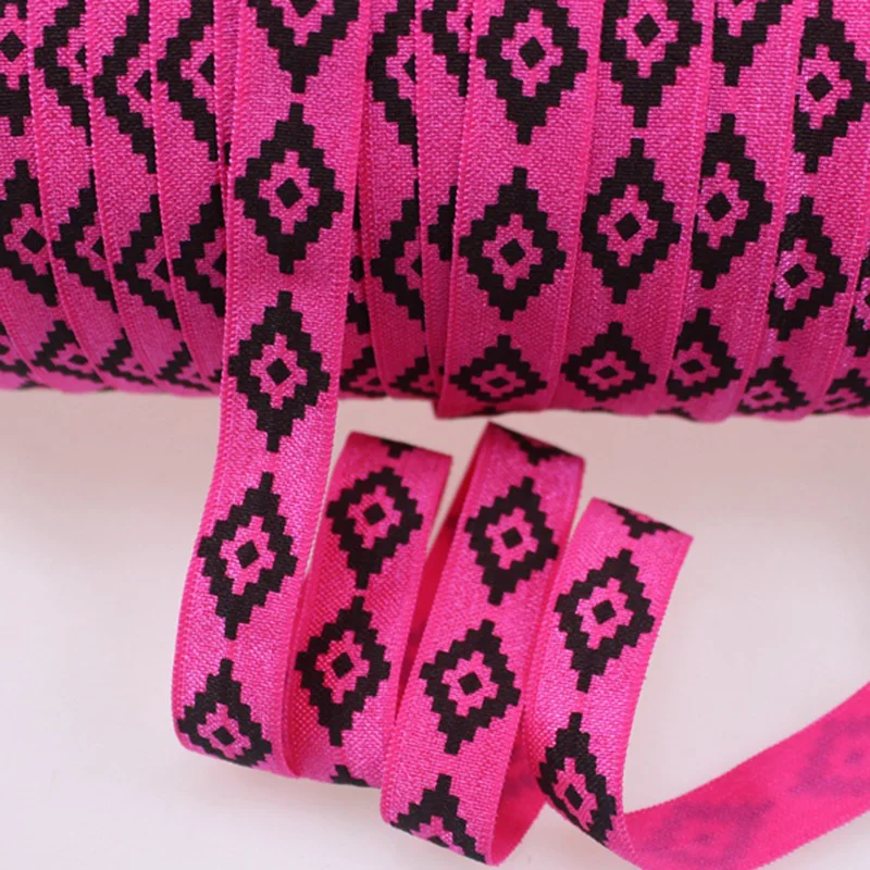 

5/8" Heat Transfer Aztec Printed 175 Shocking Pink FOE Fold Over Elastic Ribbon For DIY Hair Accessory 100Yards