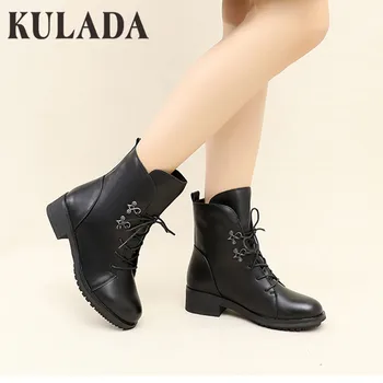

KULADA Boots Round Toe Ankle Boots For Women Lace up Black Color Female Boots Short Fur Plush Insole Classic Style Women Shoes