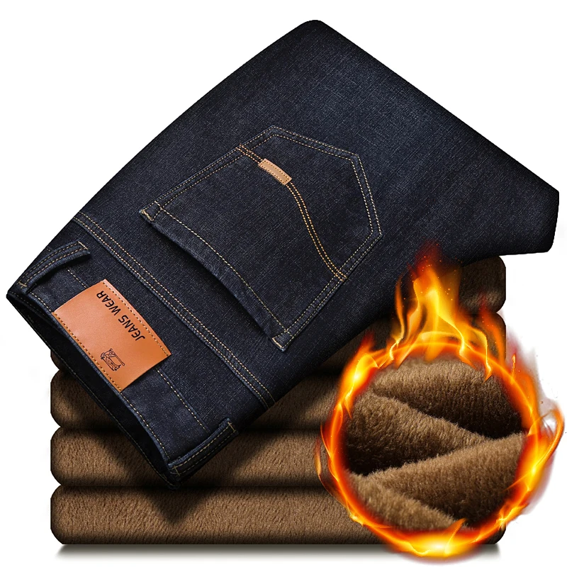 Зимние и бархатные утепленные джинсы мужские деловые и свободные эластичные свободные прямые джинсы черный синий размер 40 - Цвет: black