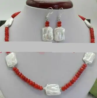 

2x4mm Faceted Orange rebd pink blue green Jade & 15x20mm White Baroque Pearl Necklace Earrings 18''